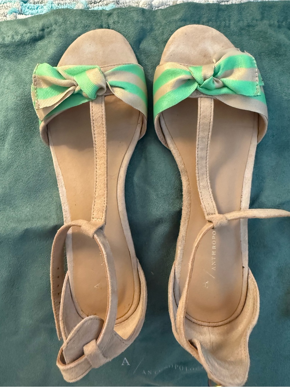 Anthropologie Beige Flats with Mint Green Bow Accent